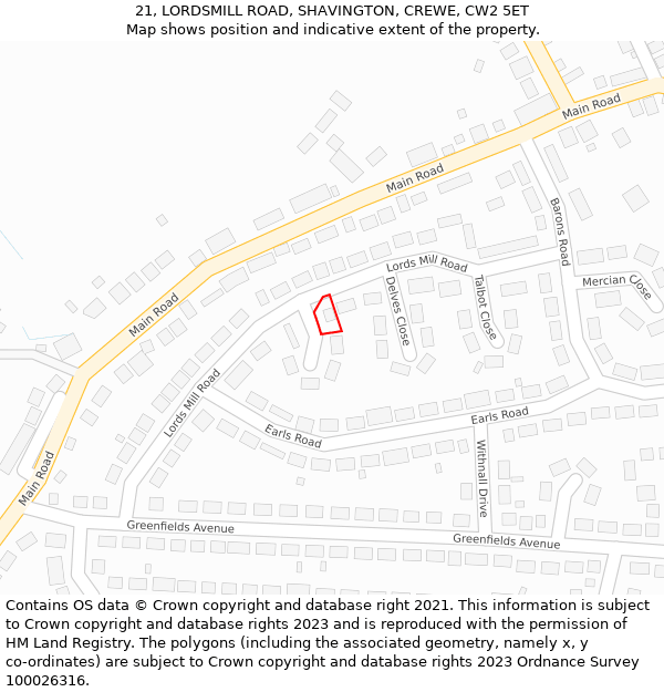 21, LORDSMILL ROAD, SHAVINGTON, CREWE, CW2 5ET: Location map and indicative extent of plot