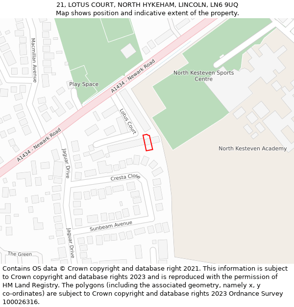 21, LOTUS COURT, NORTH HYKEHAM, LINCOLN, LN6 9UQ: Location map and indicative extent of plot