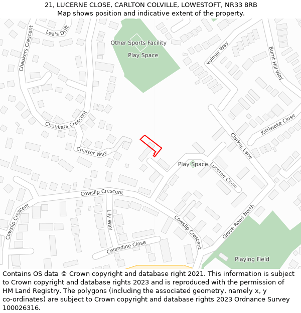 21, LUCERNE CLOSE, CARLTON COLVILLE, LOWESTOFT, NR33 8RB: Location map and indicative extent of plot