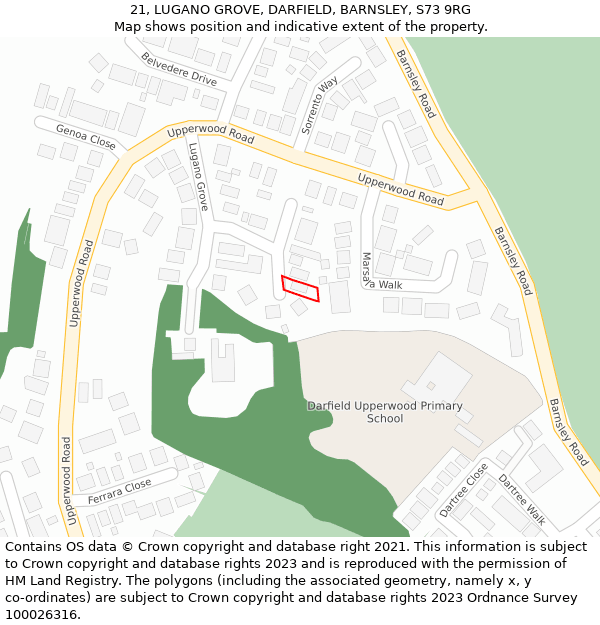 21, LUGANO GROVE, DARFIELD, BARNSLEY, S73 9RG: Location map and indicative extent of plot