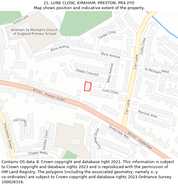 21, LUNE CLOSE, KIRKHAM, PRESTON, PR4 2YD: Location map and indicative extent of plot