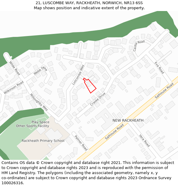 21, LUSCOMBE WAY, RACKHEATH, NORWICH, NR13 6SS: Location map and indicative extent of plot