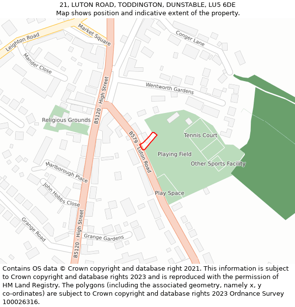 21, LUTON ROAD, TODDINGTON, DUNSTABLE, LU5 6DE: Location map and indicative extent of plot