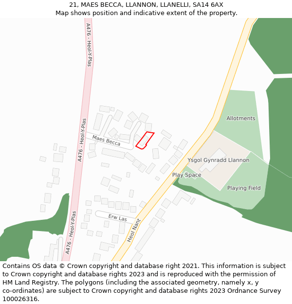 21, MAES BECCA, LLANNON, LLANELLI, SA14 6AX: Location map and indicative extent of plot