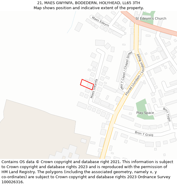 21, MAES GWYNFA, BODEDERN, HOLYHEAD, LL65 3TH: Location map and indicative extent of plot