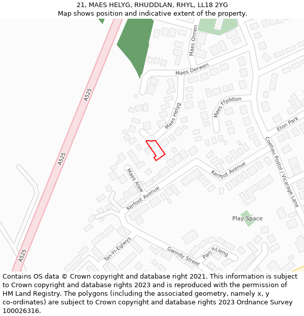 21, MAES HELYG, RHUDDLAN, RHYL, LL18 2YG: Location map and indicative extent of plot