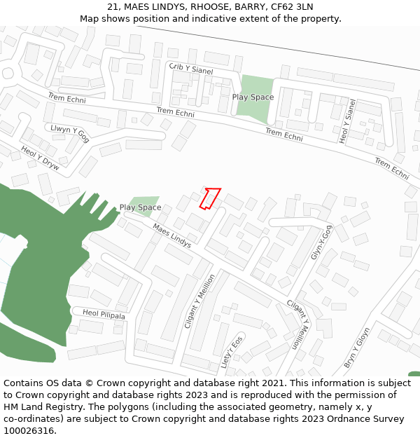 21, MAES LINDYS, RHOOSE, BARRY, CF62 3LN: Location map and indicative extent of plot