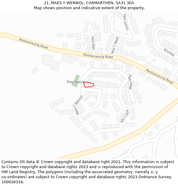 21, MAES Y WENNOL, CARMARTHEN, SA31 3EA: Location map and indicative extent of plot