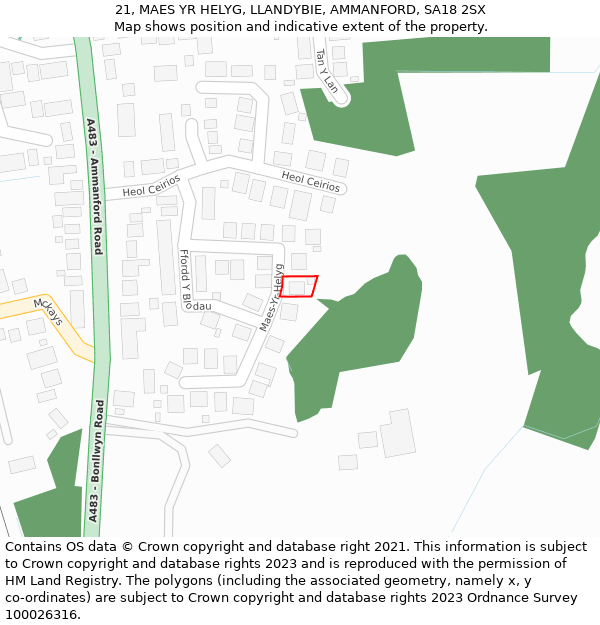 21, MAES YR HELYG, LLANDYBIE, AMMANFORD, SA18 2SX: Location map and indicative extent of plot