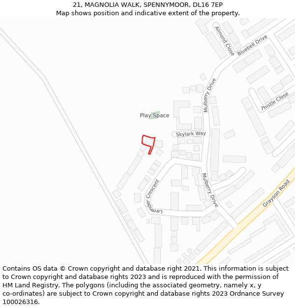 21, MAGNOLIA WALK, SPENNYMOOR, DL16 7EP: Location map and indicative extent of plot