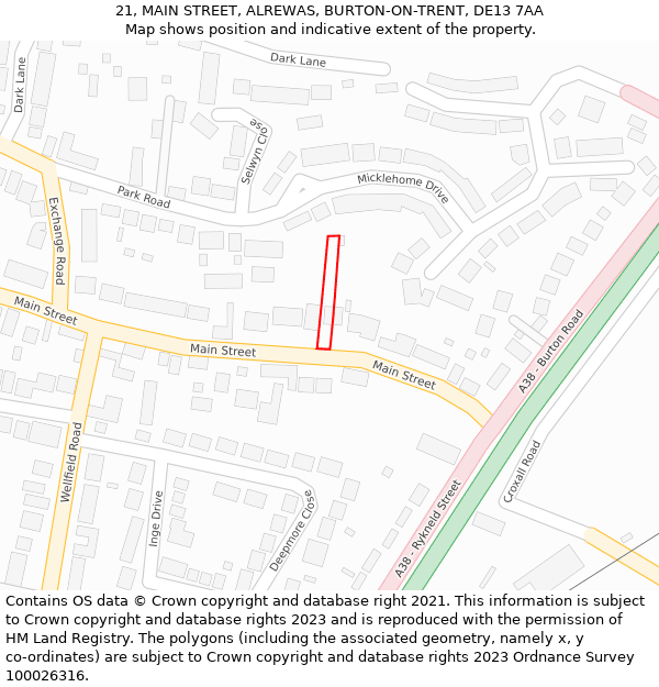 21, MAIN STREET, ALREWAS, BURTON-ON-TRENT, DE13 7AA: Location map and indicative extent of plot