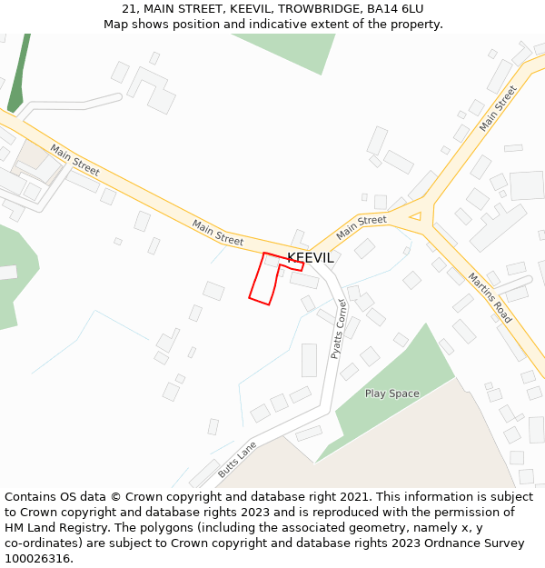 21, MAIN STREET, KEEVIL, TROWBRIDGE, BA14 6LU: Location map and indicative extent of plot