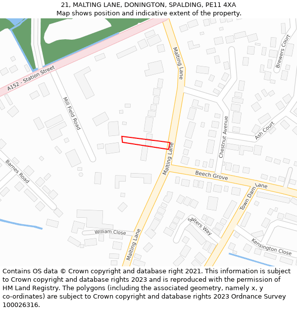 21, MALTING LANE, DONINGTON, SPALDING, PE11 4XA: Location map and indicative extent of plot