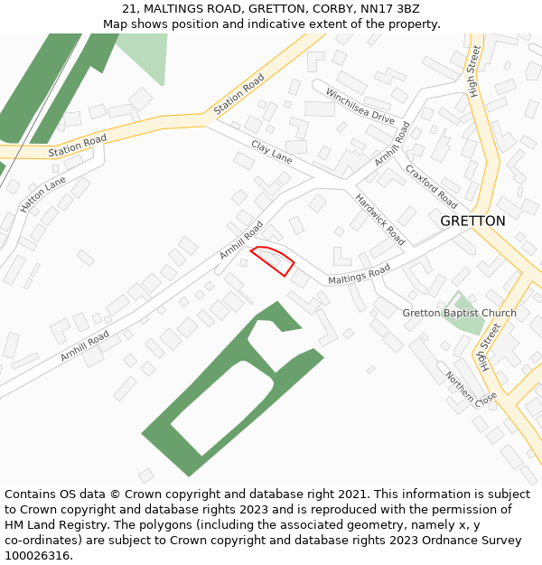 21, MALTINGS ROAD, GRETTON, CORBY, NN17 3BZ: Location map and indicative extent of plot