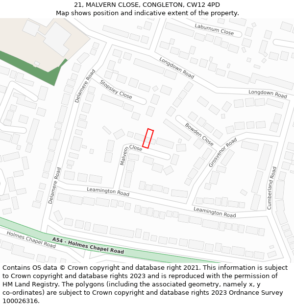 21, MALVERN CLOSE, CONGLETON, CW12 4PD: Location map and indicative extent of plot