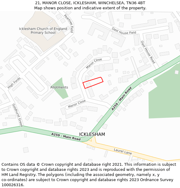 21, MANOR CLOSE, ICKLESHAM, WINCHELSEA, TN36 4BT: Location map and indicative extent of plot