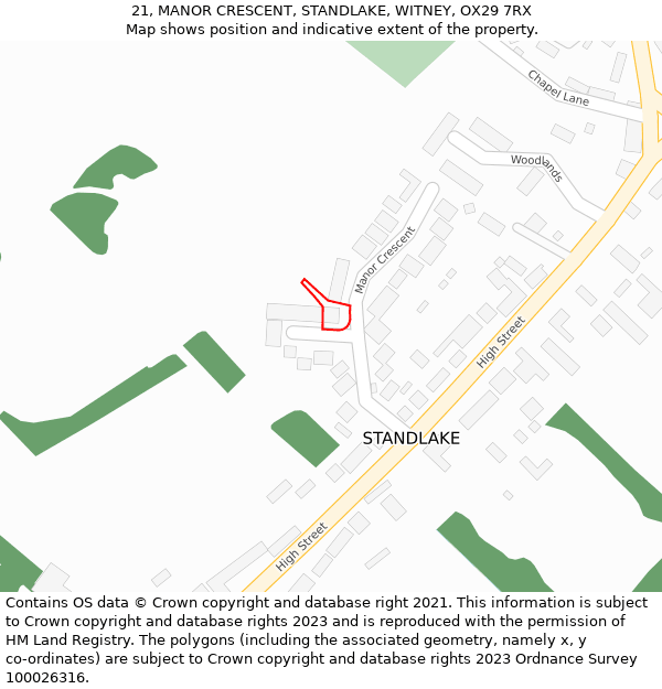 21, MANOR CRESCENT, STANDLAKE, WITNEY, OX29 7RX: Location map and indicative extent of plot