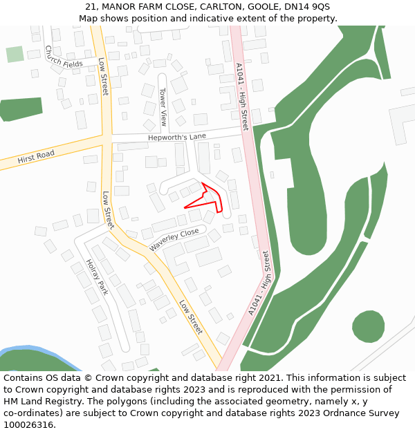 21, MANOR FARM CLOSE, CARLTON, GOOLE, DN14 9QS: Location map and indicative extent of plot