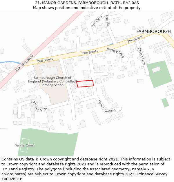 21, MANOR GARDENS, FARMBOROUGH, BATH, BA2 0AS: Location map and indicative extent of plot