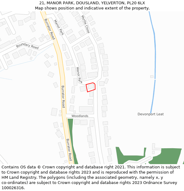 21, MANOR PARK, DOUSLAND, YELVERTON, PL20 6LX: Location map and indicative extent of plot