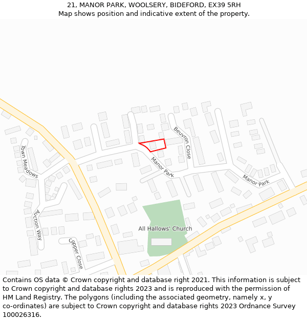 21, MANOR PARK, WOOLSERY, BIDEFORD, EX39 5RH: Location map and indicative extent of plot