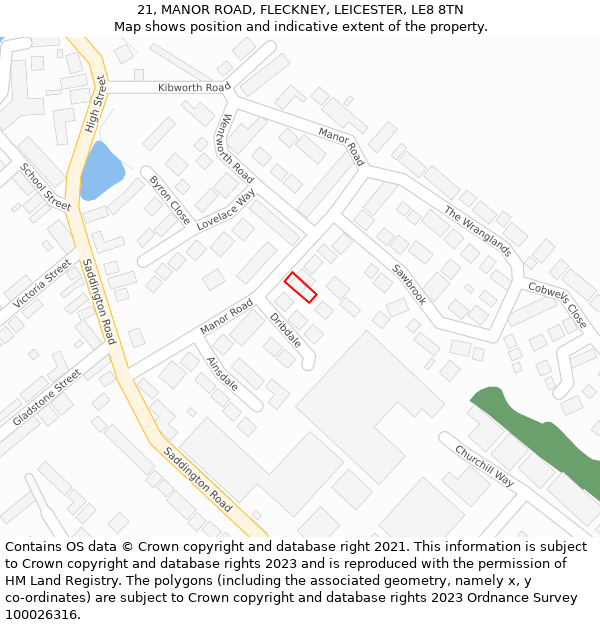 21, MANOR ROAD, FLECKNEY, LEICESTER, LE8 8TN: Location map and indicative extent of plot