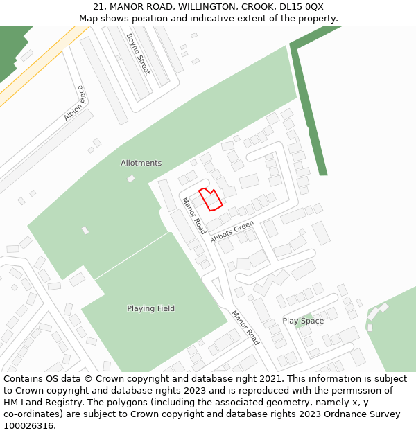 21, MANOR ROAD, WILLINGTON, CROOK, DL15 0QX: Location map and indicative extent of plot