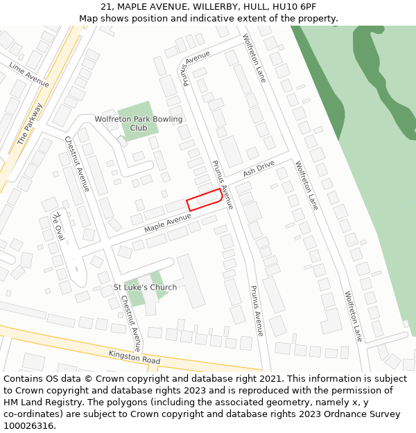 21, MAPLE AVENUE, WILLERBY, HULL, HU10 6PF: Location map and indicative extent of plot