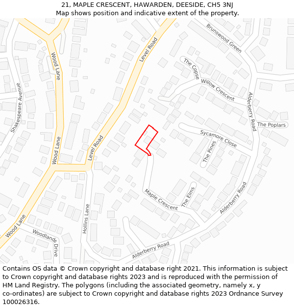 21, MAPLE CRESCENT, HAWARDEN, DEESIDE, CH5 3NJ: Location map and indicative extent of plot