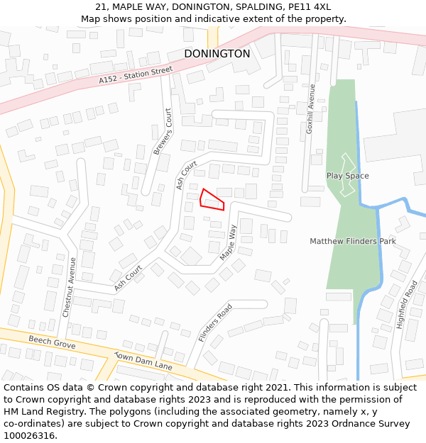 21, MAPLE WAY, DONINGTON, SPALDING, PE11 4XL: Location map and indicative extent of plot