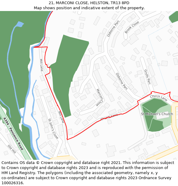 21, MARCONI CLOSE, HELSTON, TR13 8PD: Location map and indicative extent of plot