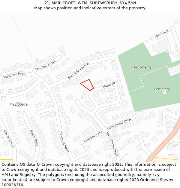 21, MARLCROFT, WEM, SHREWSBURY, SY4 5AN: Location map and indicative extent of plot