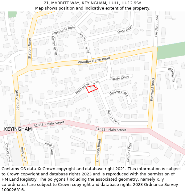 21, MARRITT WAY, KEYINGHAM, HULL, HU12 9SA: Location map and indicative extent of plot