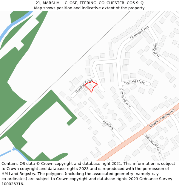 21, MARSHALL CLOSE, FEERING, COLCHESTER, CO5 9LQ: Location map and indicative extent of plot