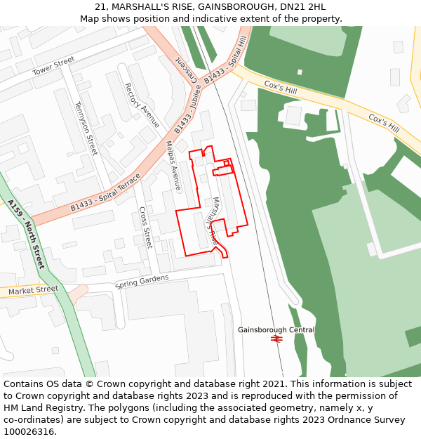 21, MARSHALL'S RISE, GAINSBOROUGH, DN21 2HL: Location map and indicative extent of plot