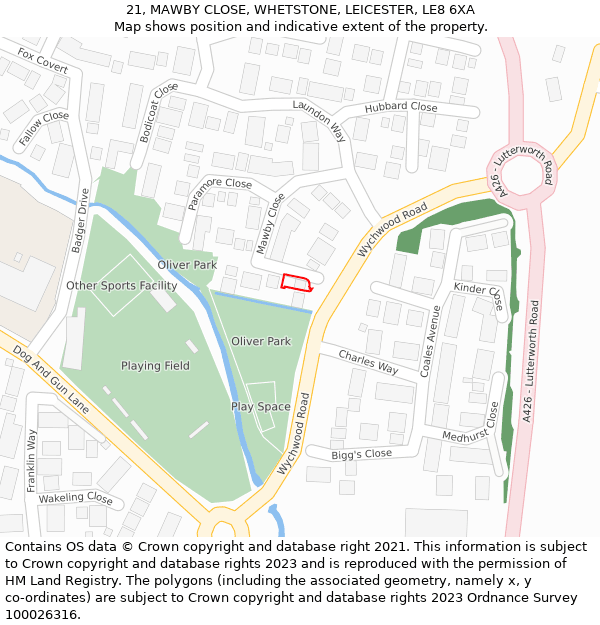 21, MAWBY CLOSE, WHETSTONE, LEICESTER, LE8 6XA: Location map and indicative extent of plot