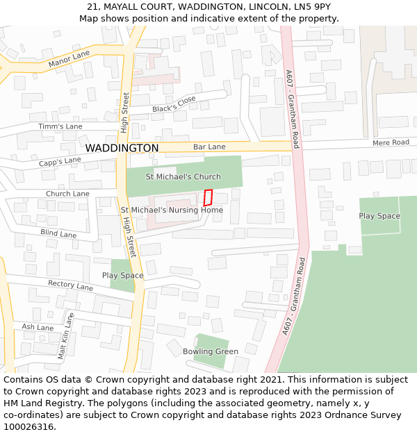 21, MAYALL COURT, WADDINGTON, LINCOLN, LN5 9PY: Location map and indicative extent of plot