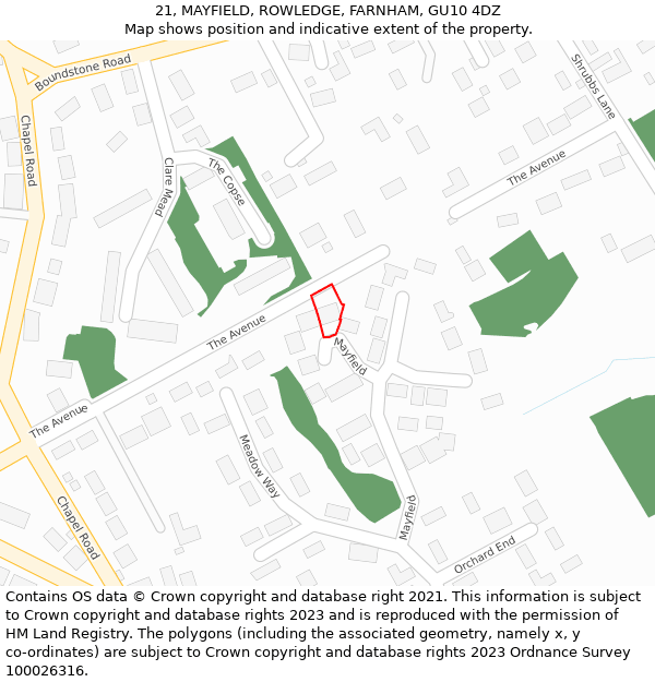 21, MAYFIELD, ROWLEDGE, FARNHAM, GU10 4DZ: Location map and indicative extent of plot