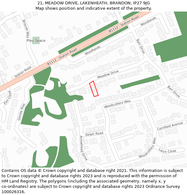 21, MEADOW DRIVE, LAKENHEATH, BRANDON, IP27 9JG: Location map and indicative extent of plot