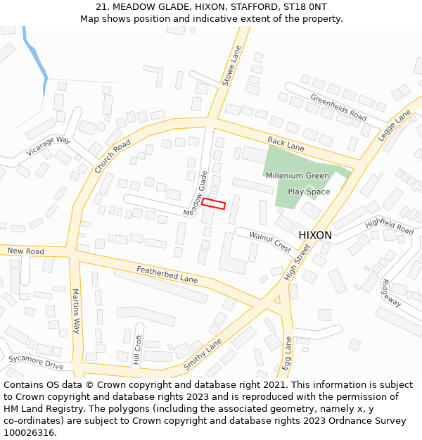 21, MEADOW GLADE, HIXON, STAFFORD, ST18 0NT: Location map and indicative extent of plot