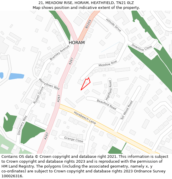 21, MEADOW RISE, HORAM, HEATHFIELD, TN21 0LZ: Location map and indicative extent of plot