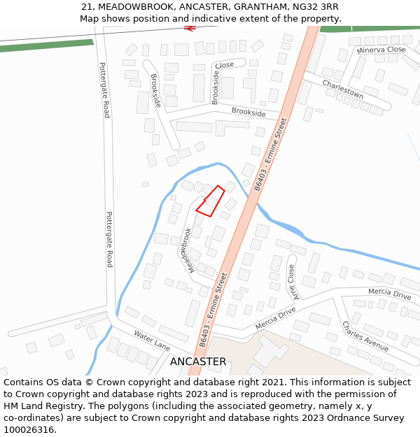 21, MEADOWBROOK, ANCASTER, GRANTHAM, NG32 3RR: Location map and indicative extent of plot