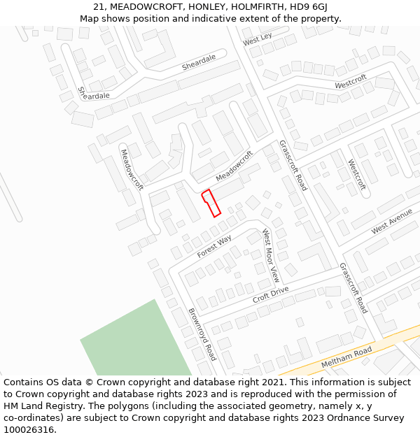 21, MEADOWCROFT, HONLEY, HOLMFIRTH, HD9 6GJ: Location map and indicative extent of plot