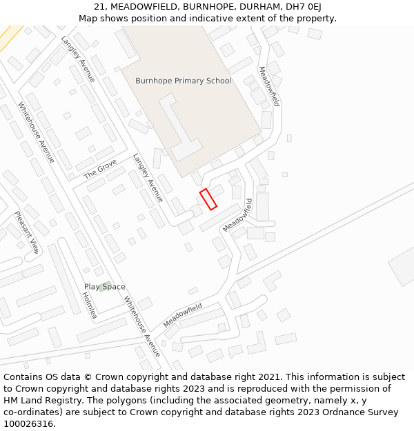 21, MEADOWFIELD, BURNHOPE, DURHAM, DH7 0EJ: Location map and indicative extent of plot