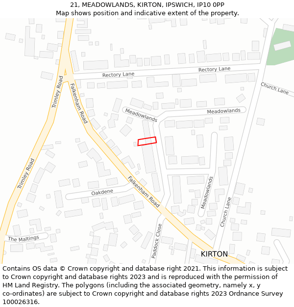 21, MEADOWLANDS, KIRTON, IPSWICH, IP10 0PP: Location map and indicative extent of plot