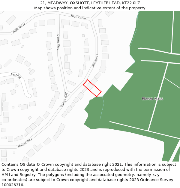 21, MEADWAY, OXSHOTT, LEATHERHEAD, KT22 0LZ: Location map and indicative extent of plot