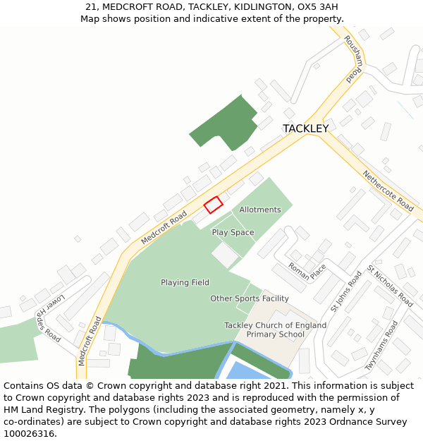 21, MEDCROFT ROAD, TACKLEY, KIDLINGTON, OX5 3AH: Location map and indicative extent of plot