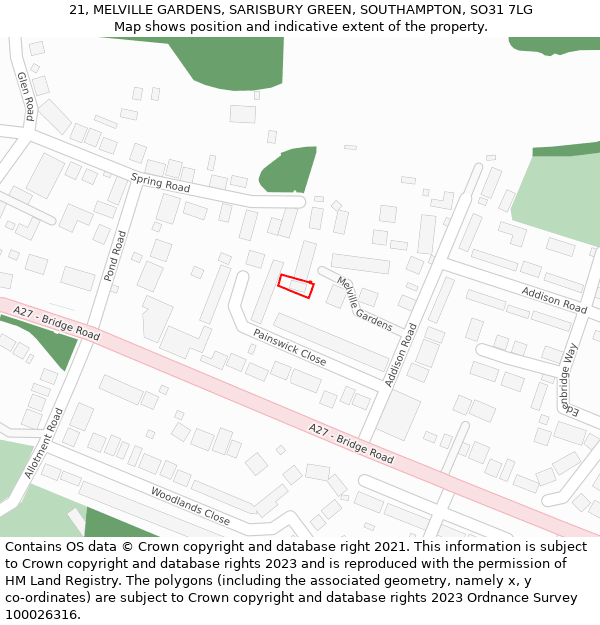 21, MELVILLE GARDENS, SARISBURY GREEN, SOUTHAMPTON, SO31 7LG: Location map and indicative extent of plot