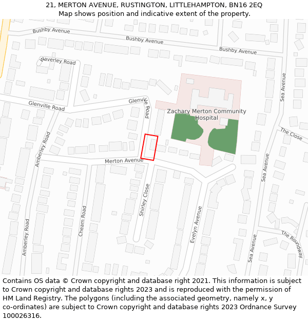 21, MERTON AVENUE, RUSTINGTON, LITTLEHAMPTON, BN16 2EQ: Location map and indicative extent of plot