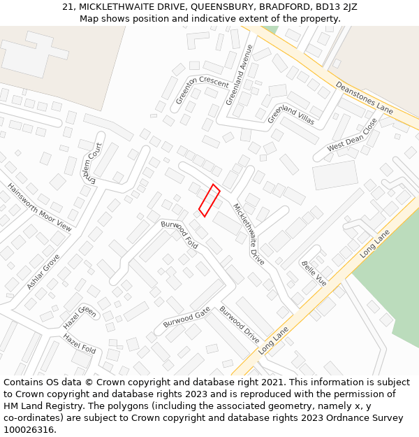 21, MICKLETHWAITE DRIVE, QUEENSBURY, BRADFORD, BD13 2JZ: Location map and indicative extent of plot